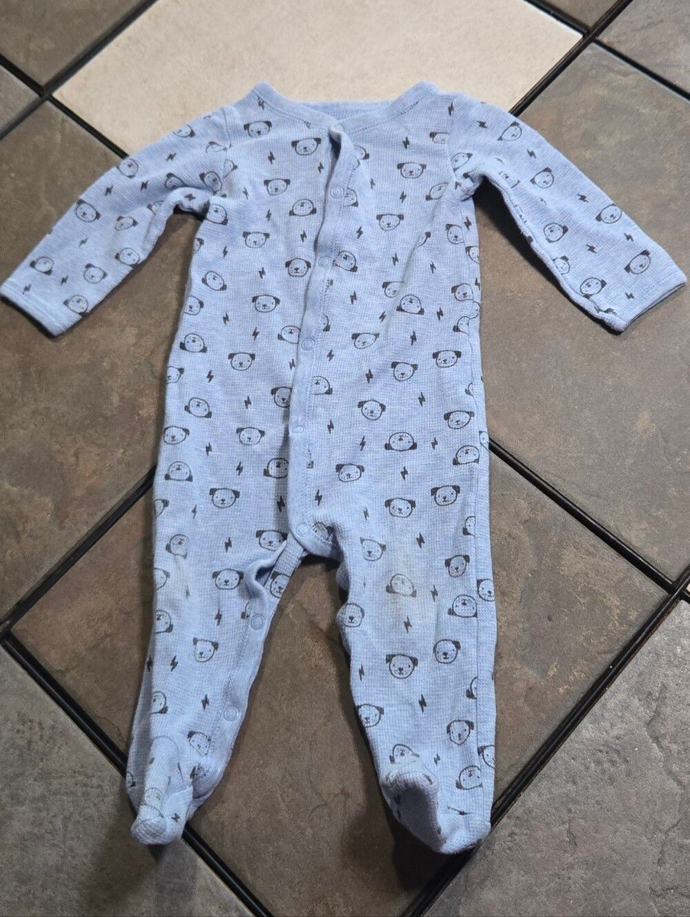 Carter's Bear Print Footed Pajamas 9M Blue Waffle Knit Snap Front Sleeper